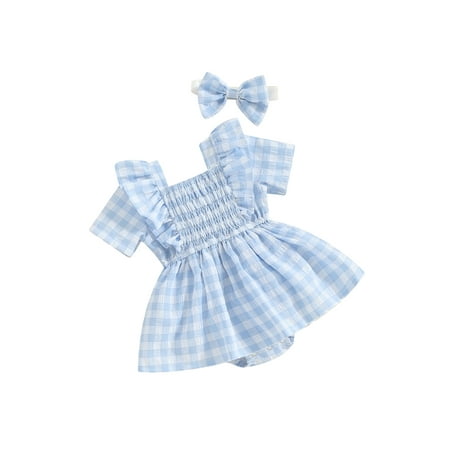 

Baby Girls 2 Piece Set Short Sleeve Plaid Romper Dress + Bow Headband