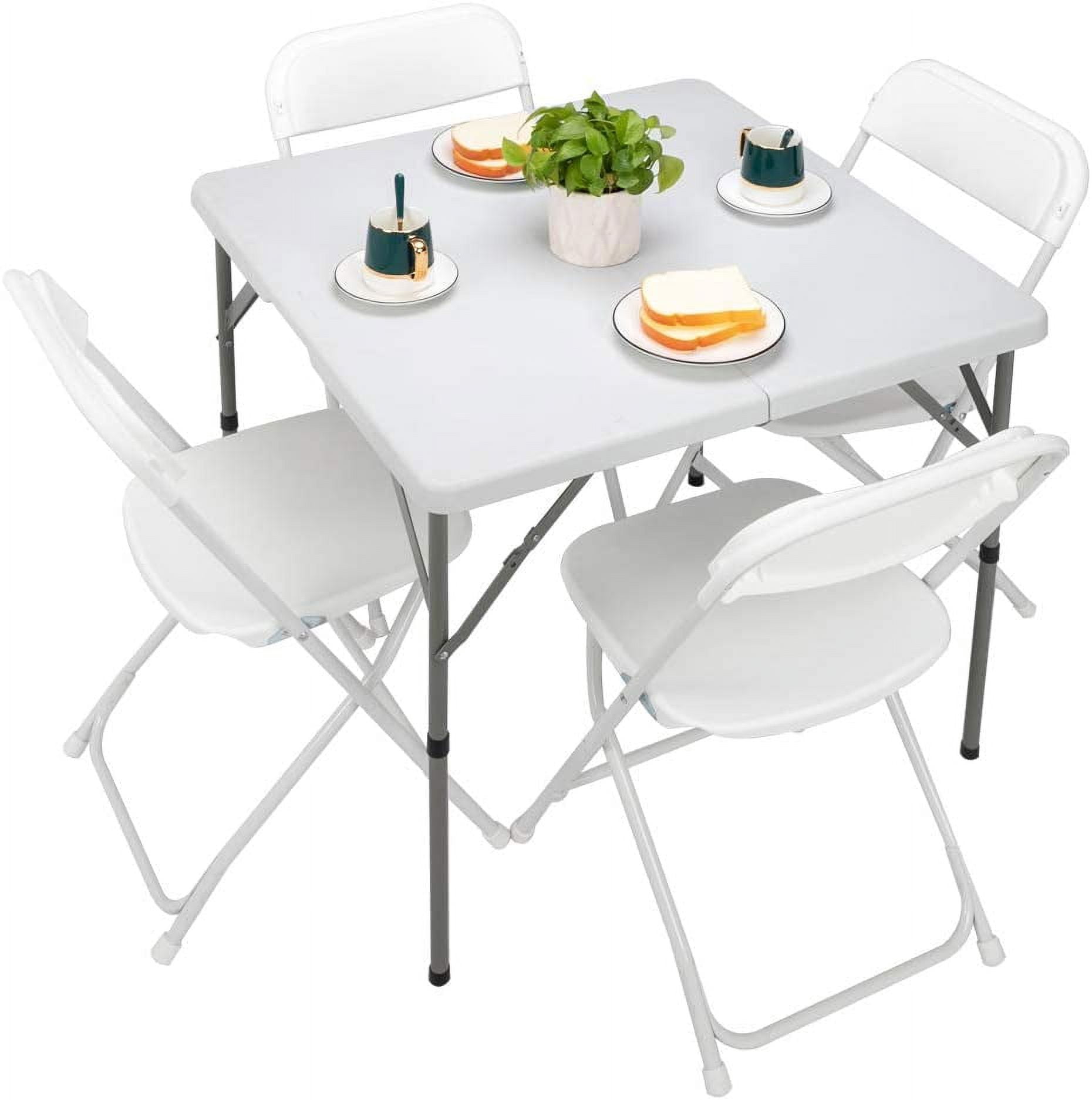 VINGLI Outdoor Dining Set 34 inch Folding Table with 4 Plastic Folding Chairs, Sturdy for Outdoor, Home, Kitchen, White, 5 Pieces Set