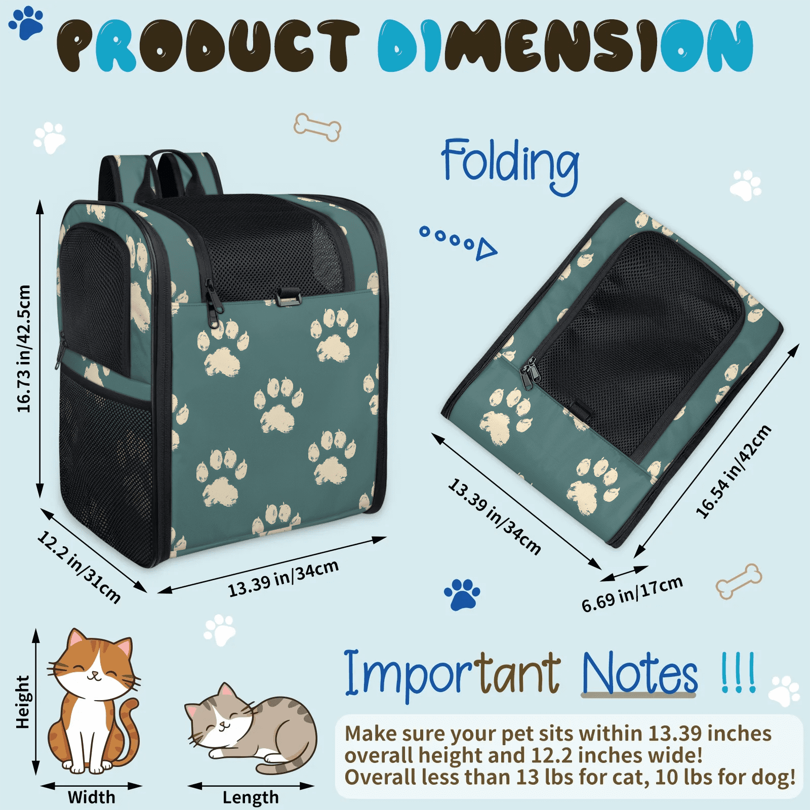 Dog Backpack Carrier, Breathable Pet Carrier for Small Dog & Cat, Lightweight Travel Backpack, Paw Print Pattern