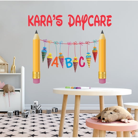 KIDS DAYCARE - Adhesive Multicolored Child Care Decoration A B C Letters Alphabet Ice Cream Cones Pencils Design Customized Nursery Kindergarten Wall Decal Sticker 10" x 8"
