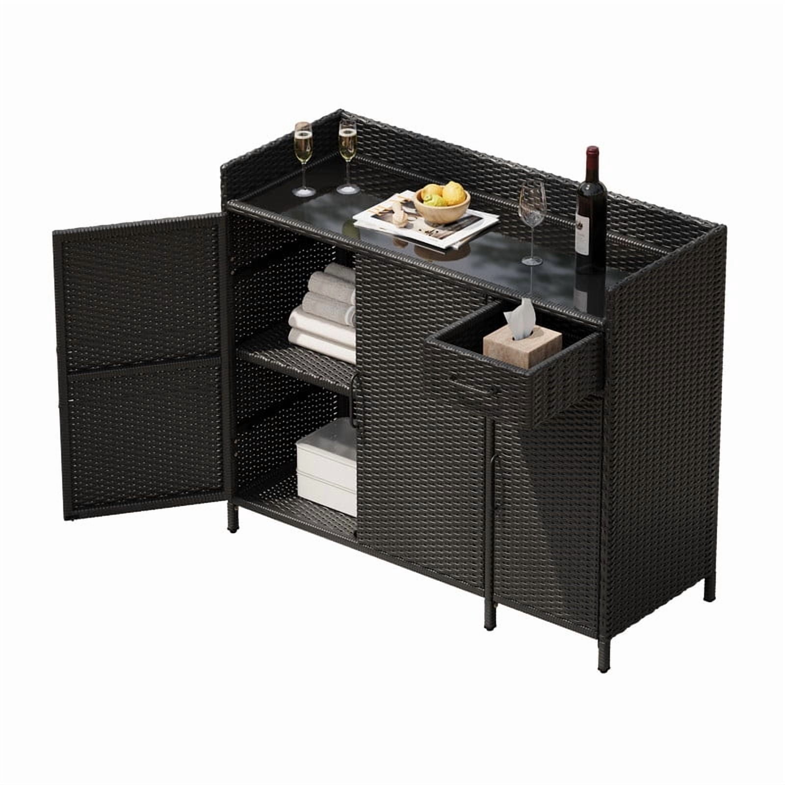 Wicker Outdoor Kitchen Island with Tempered Glass Desktop and Adjustable Shelf, Rattan Bar Table Storage Cabinet with 1 Drawer and 3 Doors