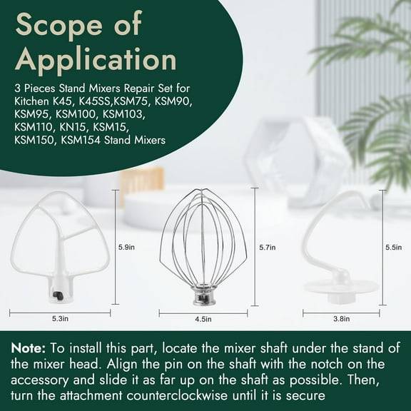 3 Piece Stand Mixer  Set for Kitchen Aid Tilt- Mixers K45DH Dough Hook K45B Paddle K45WW Whip