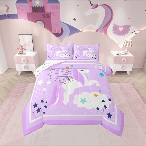Erosebridal Unicorn Stars Bedding Twin Comforter Set,Geometric Stripes Down Comforter,Dreamy Princess Bedding Sets Twin With Comforter,Super Cozy Cartoon Room Decor,Reversible,2-Piece