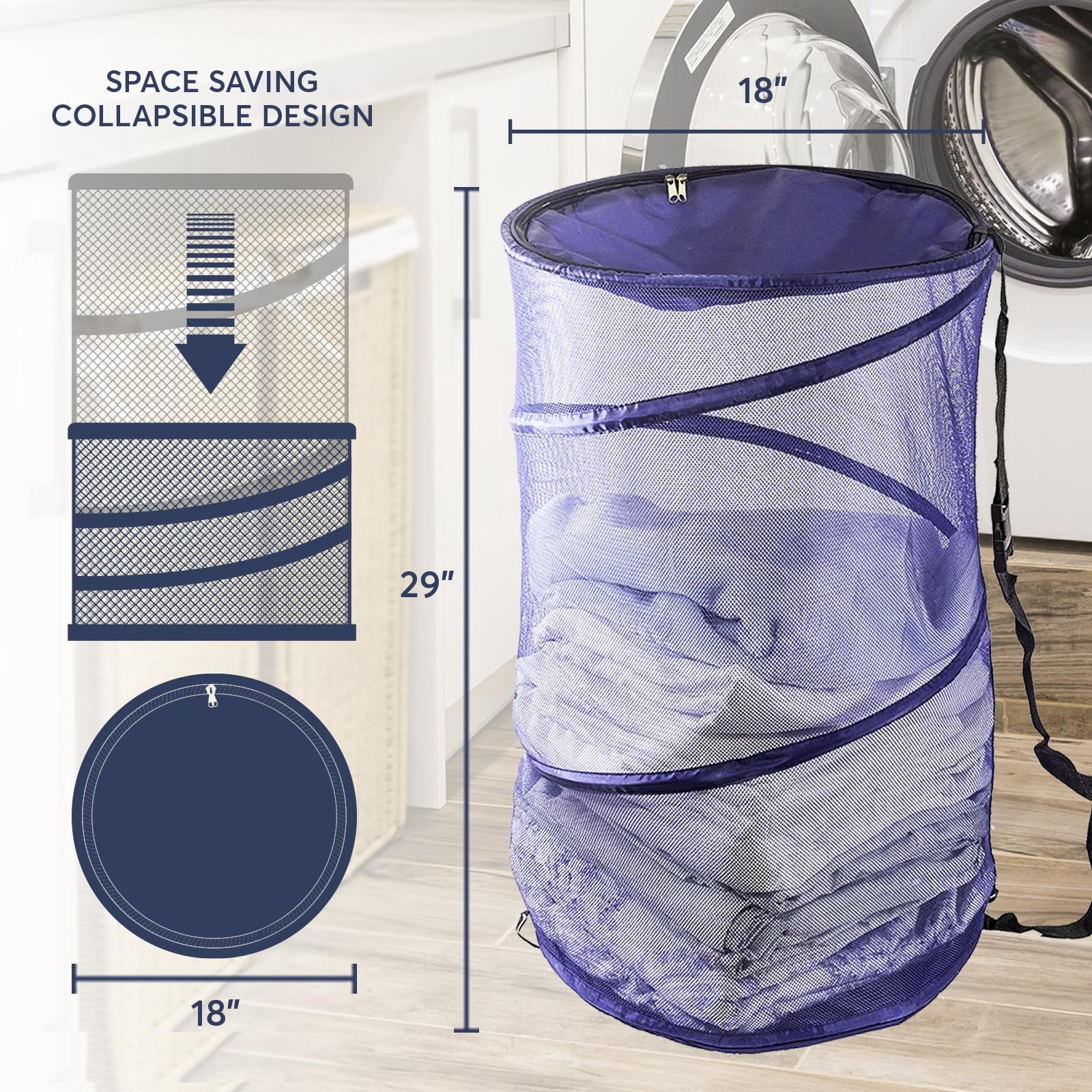 Maypes Collapsible Wire Mesh Laundry Hamper – Portable, Durable Pop-Up Laundry Basket & Storage Bag + Straps, Zippered Top Cover – Tall, Multi-Purpose Organizer for Closet, Toy, Garage, Sporting