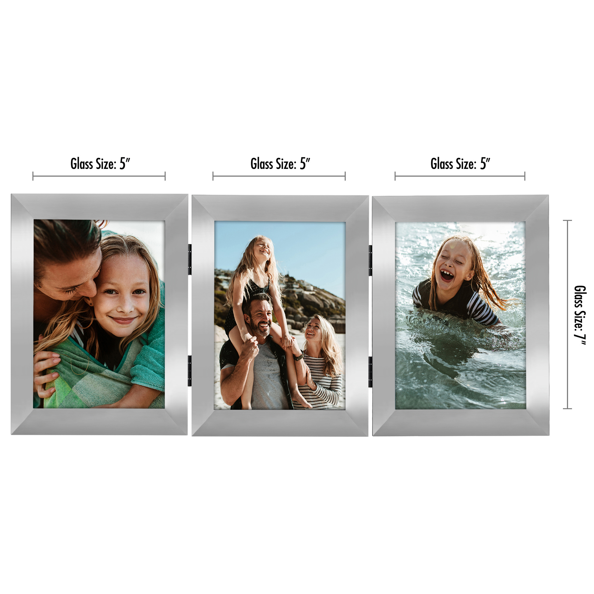 Americanflat Hinged 3 Photo Frame in Nickel Color MDF - Desk Photo Frame for 5X7" Photos - Tri Folding Picture Frame For Desk - Displays 3 Photos with Shatter-Resistant Glass Covers