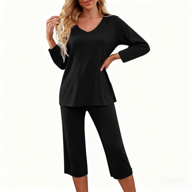Conjunto de 2 piezas de blusa de manga corta y pantalón largo con cintura elástica y bolsillos para mujer