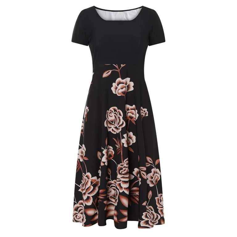 HOMBOM Black Fit & Flare Dress for Women Short Sleeve formal Dresses for  Women Round Neckline Floral Wedding Dresses for Women 2XL - Walmart.com