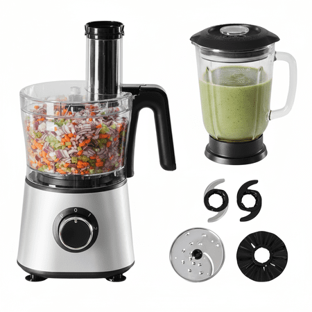 Plum Chef 6-Cup Food Processor Blender Combo 1.5L Glass Jar Electric Food Chopper with 8 Attachments for Slicing Dough and Mincing 2 Speeds & Pulse Silver