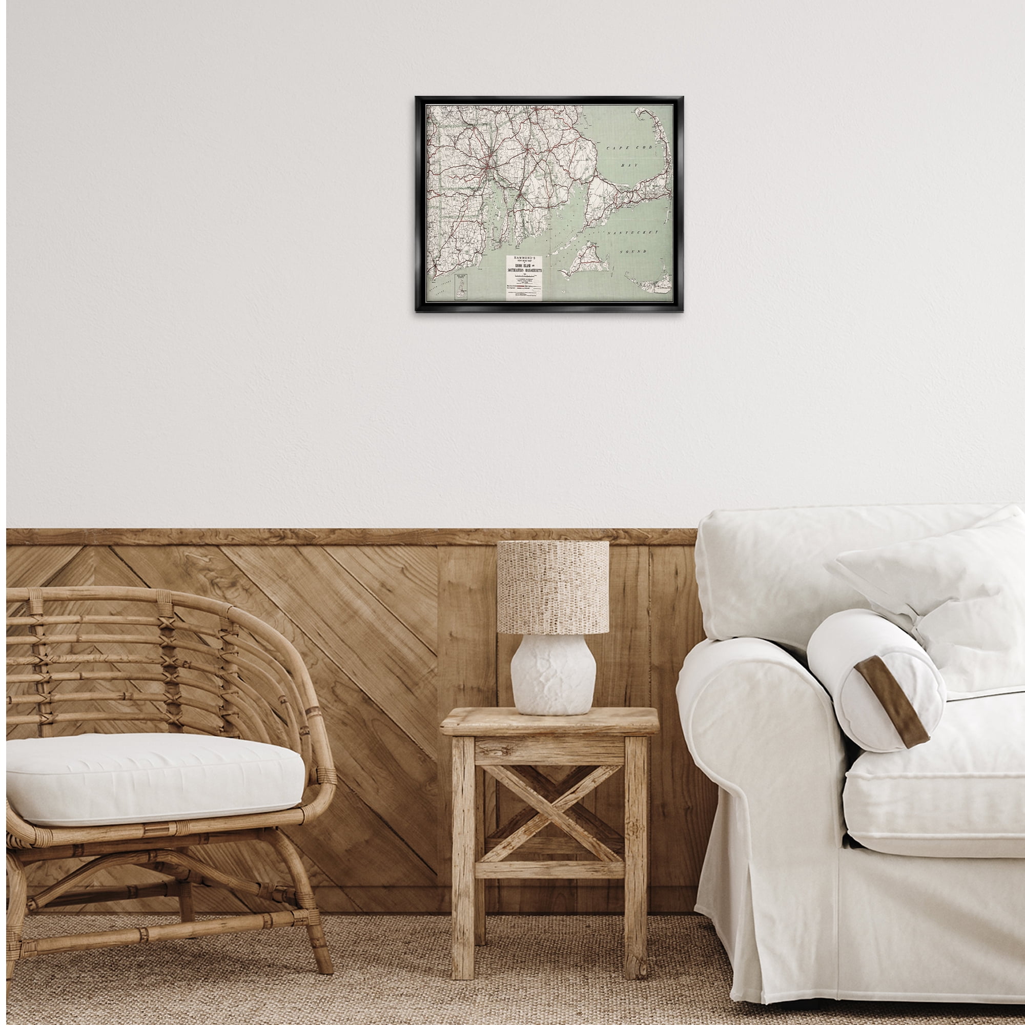 Stupell Industries Cape Cod & RI Map Cities & Countries Painting Black Floater Framed Canvas Art Print Wall Art, 21 x 17