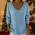thumbnail image 2 of Women Fall Sweatshirts Oversize Sequin Print Long Sleeve V Neck Drop Shoulder Athletic Outfits Trendy Light Blue, 2 of 5