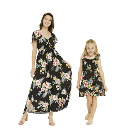 

Mother & Daughter Matching Hawaii Luau Maxi Ruffle Sleeve Dress Girl Wrap in Hibiscus
