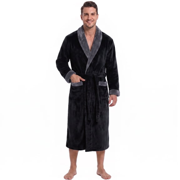 U2SKIIN Mens Fleece Robe, Plush Collar Shawl Bathrobe for Men Long Flannel Robes(Black/Dark Grey, Large-X-Large)