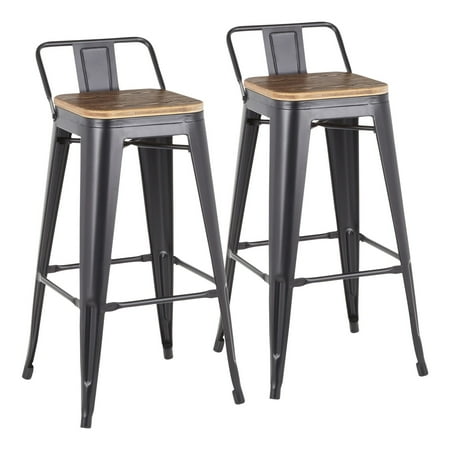 Black Industrial Full Grain Oregon Industrial Low Back Barstool in Black Metal and Wood-Pressed Grain Bamboo by LumiSource - Set of 2 ()