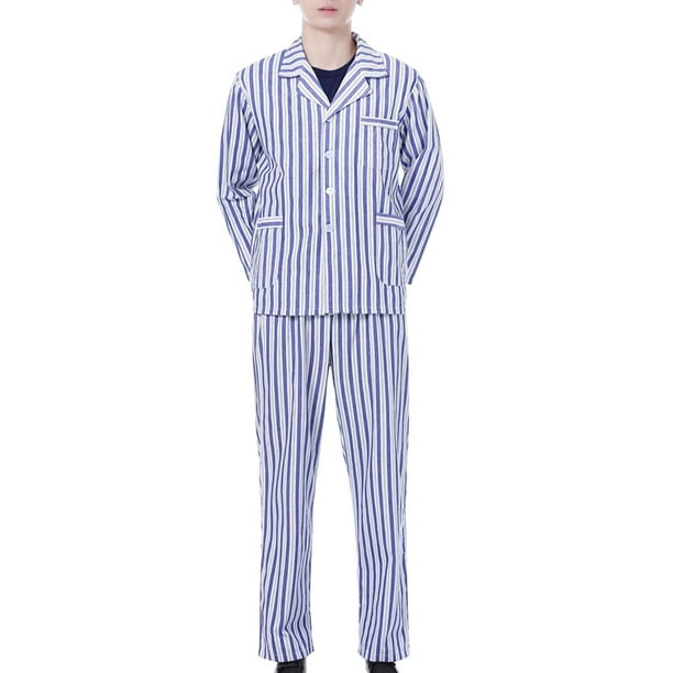 Pijama de algodón para adultos, cómodo, de manga larga, para pacientes encamados en el hospital (rayas azules y blancas, talla L)