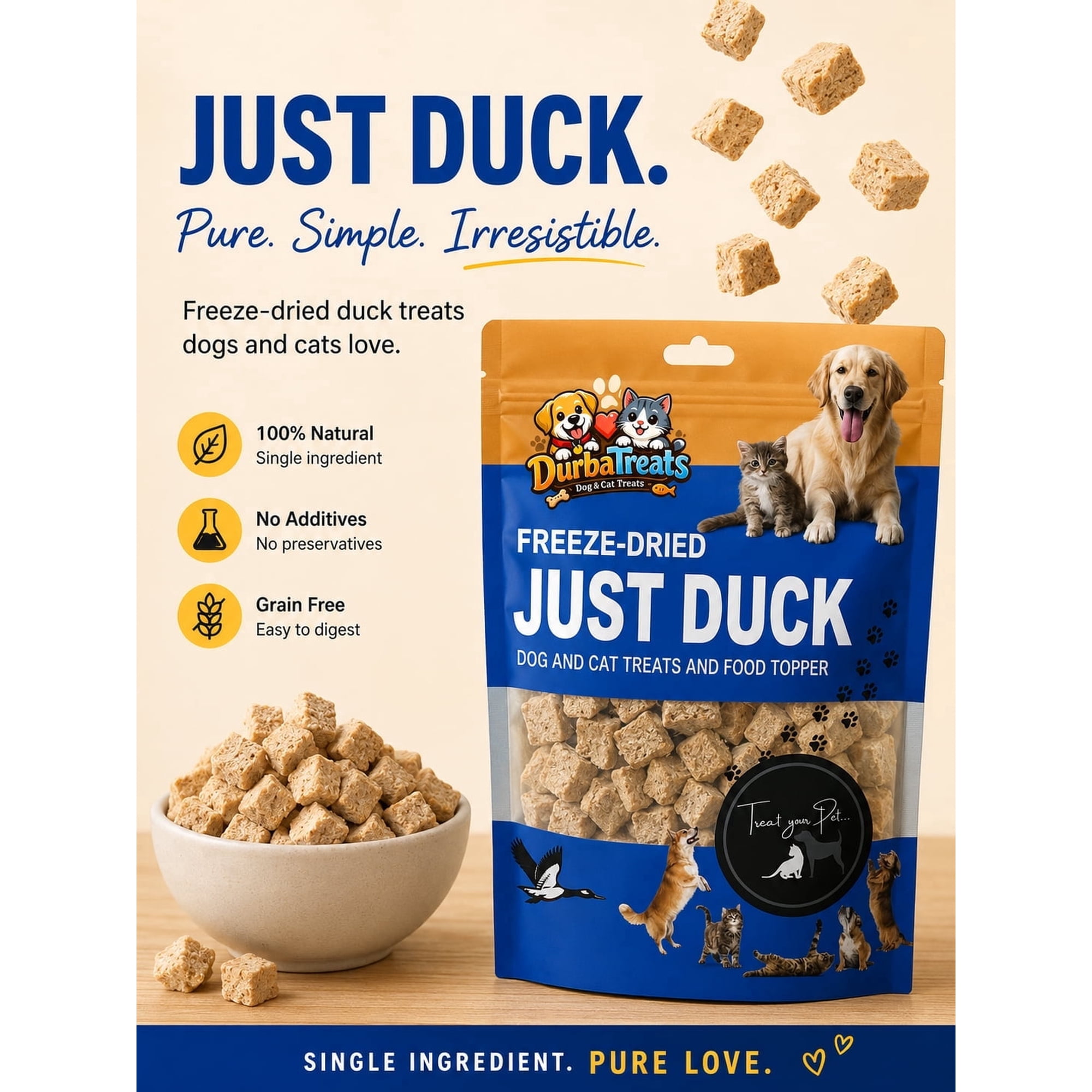 Bern's Farm Freeze-Dried Duck Dog & Cat Treats, Single Ingredient, 2 Oz