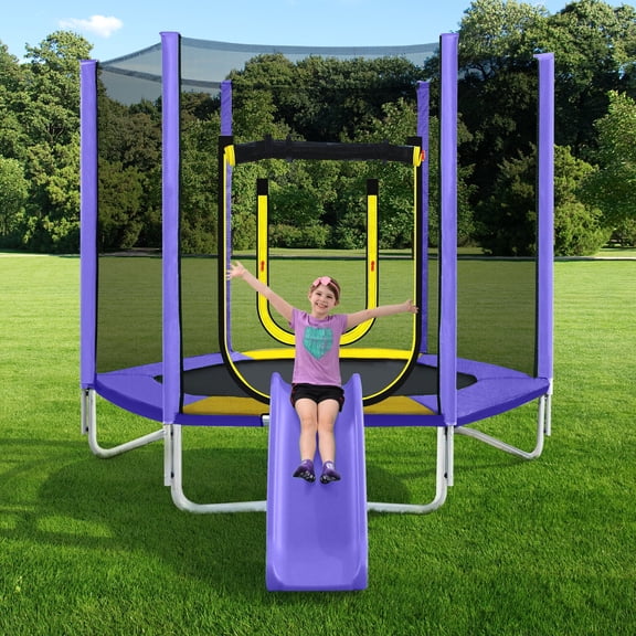 7FT Trampoline for Kids, SHINPT Toddler Trampoline Outdoor, Small Trampoline for Kids with Slide and Ladder, Recreational Trampoline for Backyard, Outside Toys for Kids with Safety Enclosure Net