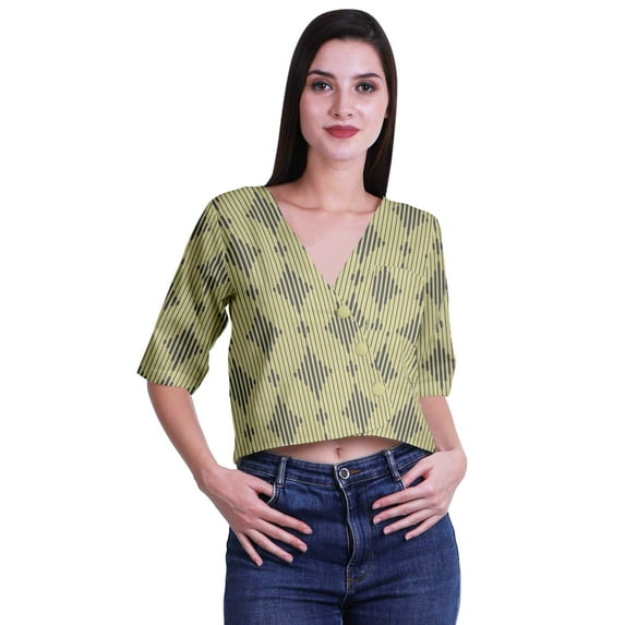 Moomaya Printed Cotton Top For Womens V-neck Crop Top Elbow Sleeve Summer Blouse T-shirt