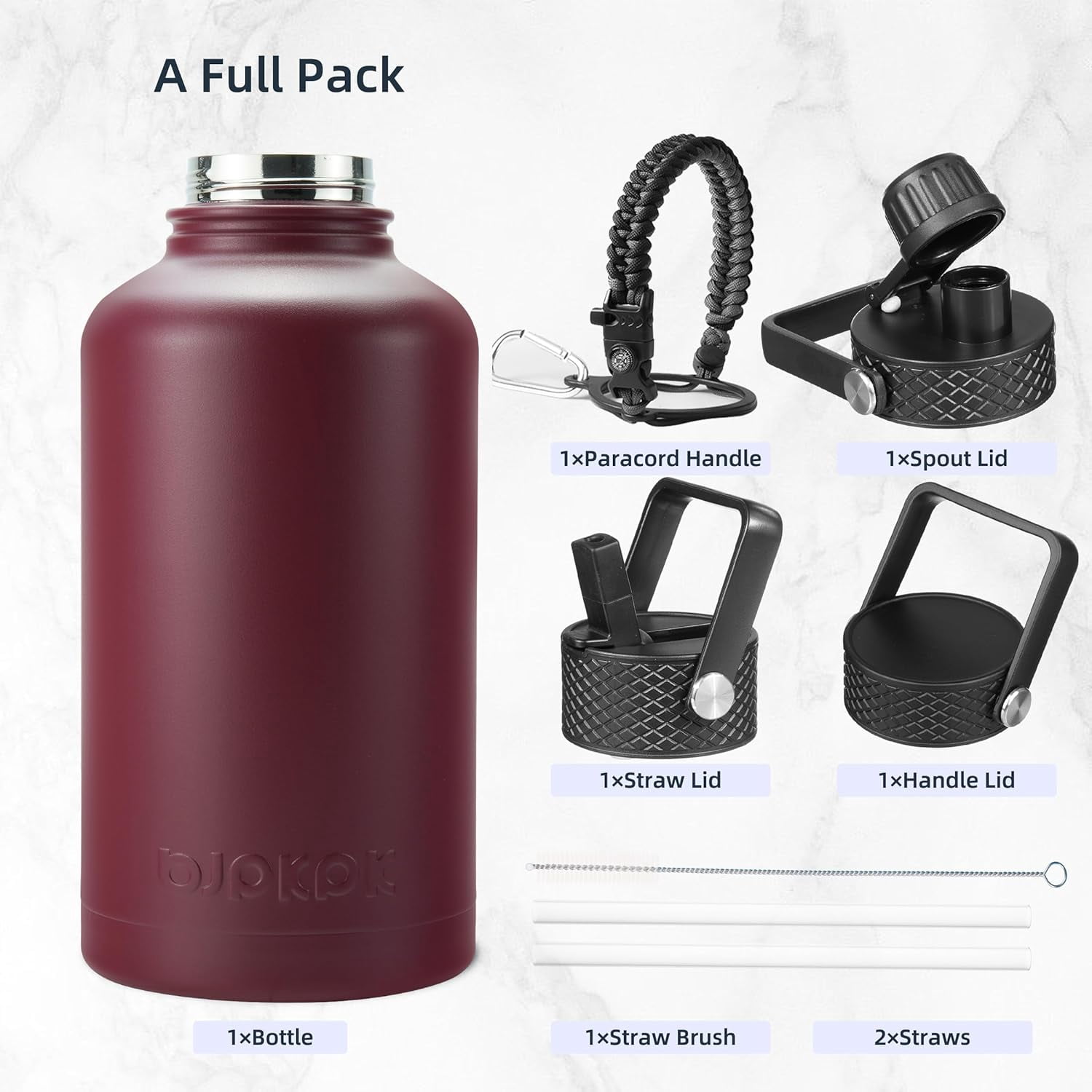 BJPKPK Half Gallon Insulated Water Bottles with Straw Lid,64oz Large Water Bottle,Stainless Steel Water Bottles with 3 Lids and Paracord Handle, Water Bottle for Hot & Cold Liquid, Brick Red