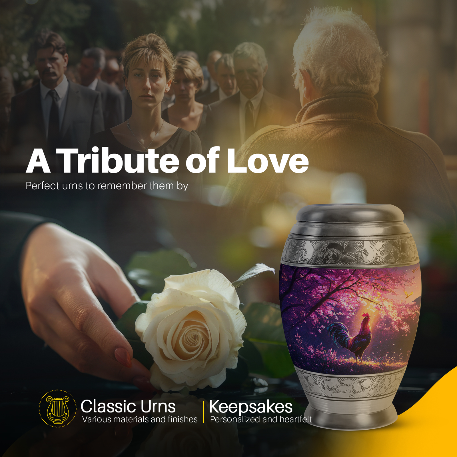 Yatskia Pink Blossoms Rooster Urn for Ashes Adult Male, Memorial Burial Urns for Human Ashes Adult Female, Mini Memorial Urns for Human Ash, (Monar 10 Inch and 3 Inch)