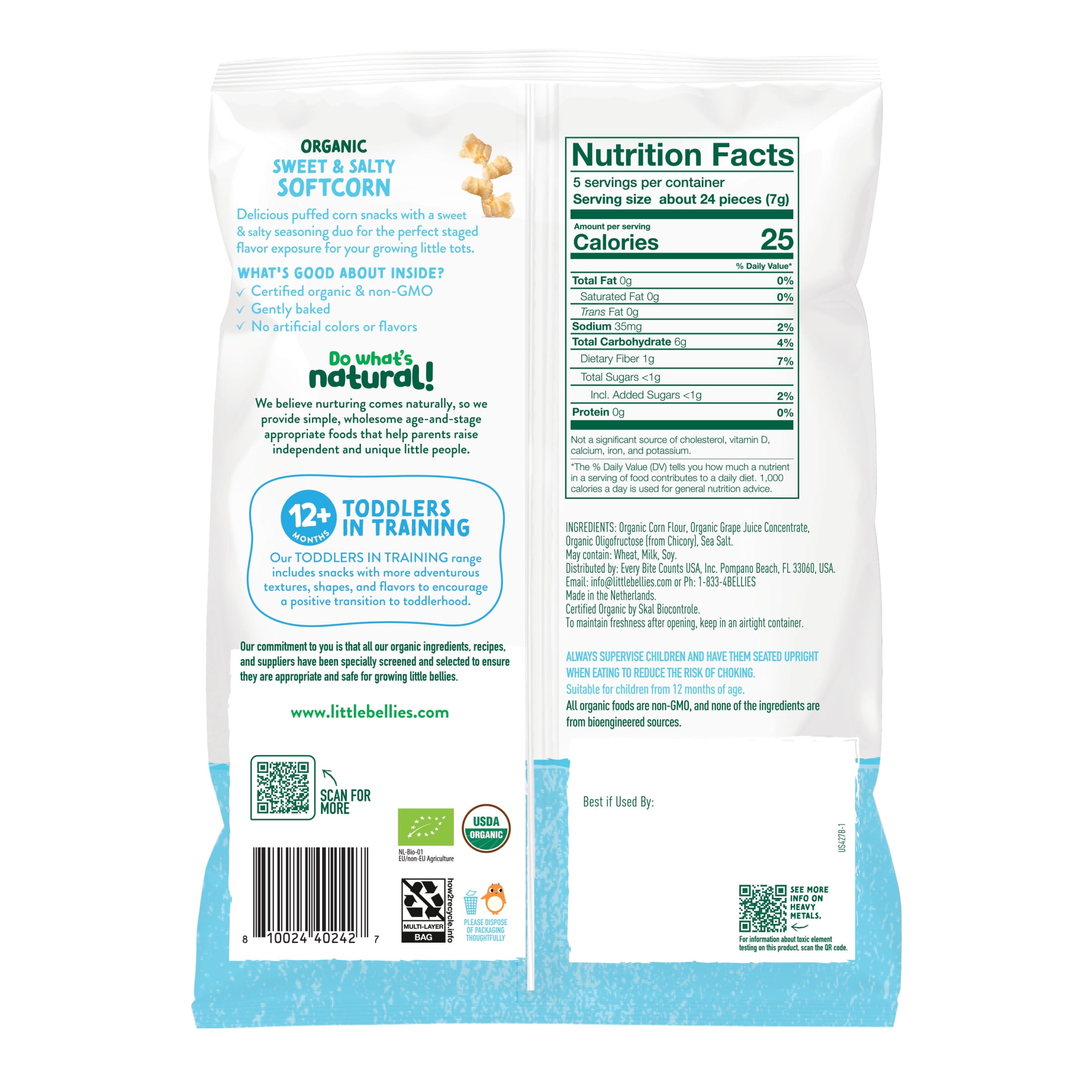 (6 pack) Little Bellies Organic Sweet & Salty Softcorn 1.25 oz