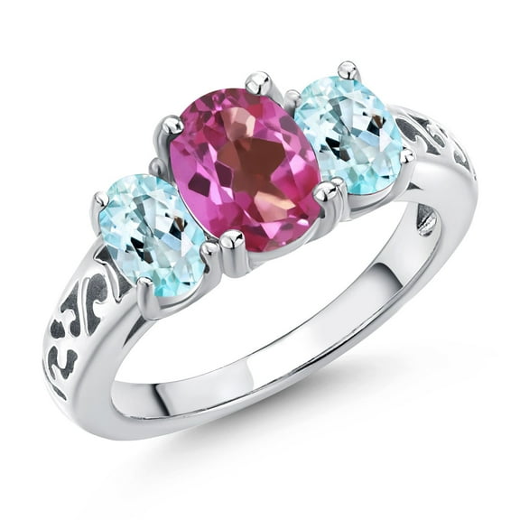 Gem Stone King 925 Sterling Silver Pink Mystic Topaz and Sky Blue Topaz Filigree Style 3 Stone Ring for Women (2.30 Cttw, Oval 8X6MM and 6X4MM) (Size 7)