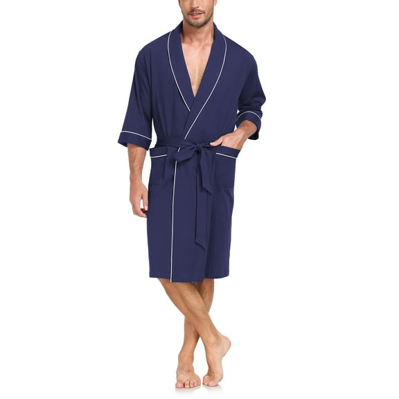 MAYFISH 100% Cotton Mens Lightweight Robe Summer Short Sleeve Bathrobe Soft Knee Length Robe with Pockets (Navy Blue, L)