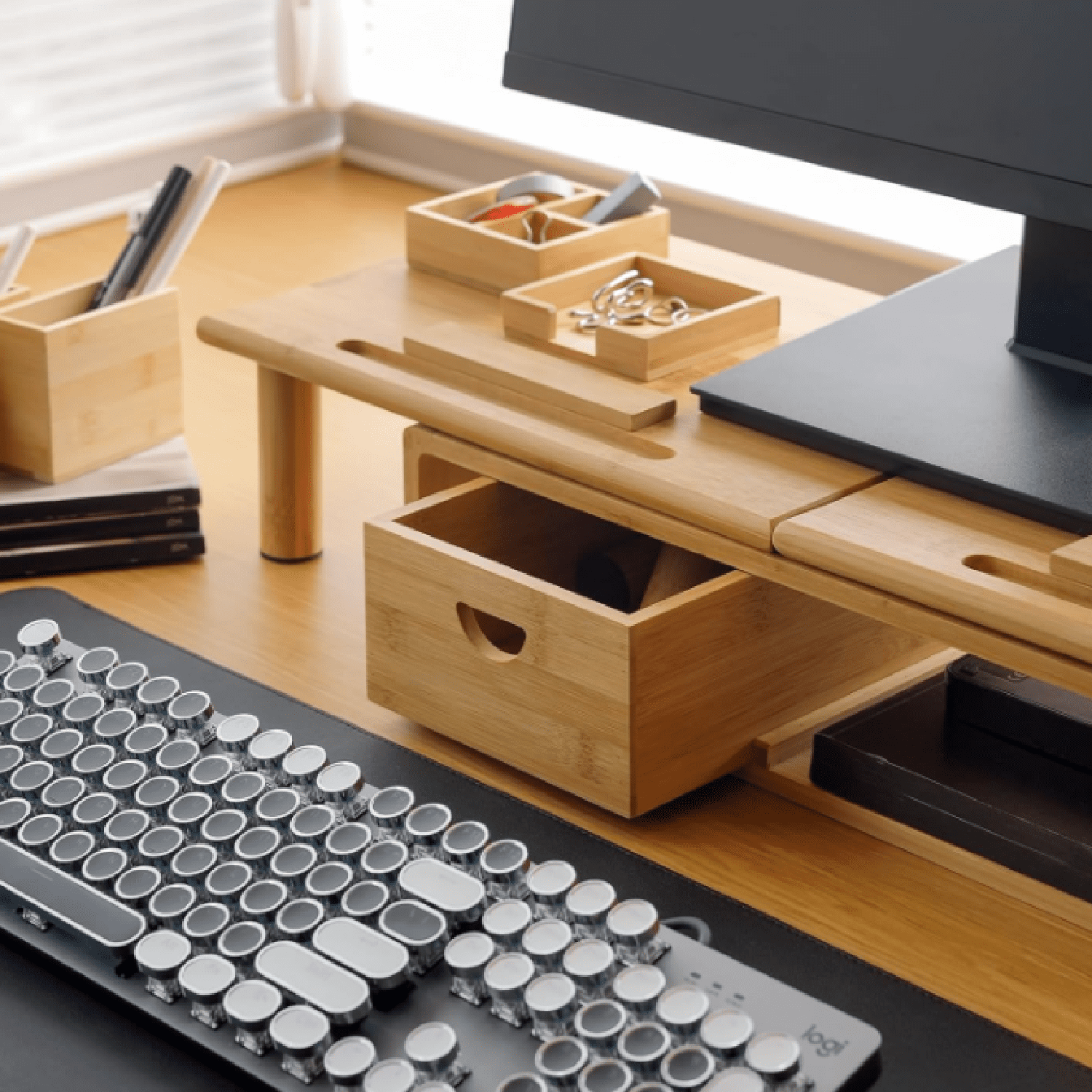 Dual Monitor Stand Riser with Drawer for Desk Laptop Desk Shelf with Adjustable Length and Angle, Bamboo Computer Stand Riser for 2 or 3 Monitors Screen Laptop PC TV -Natural