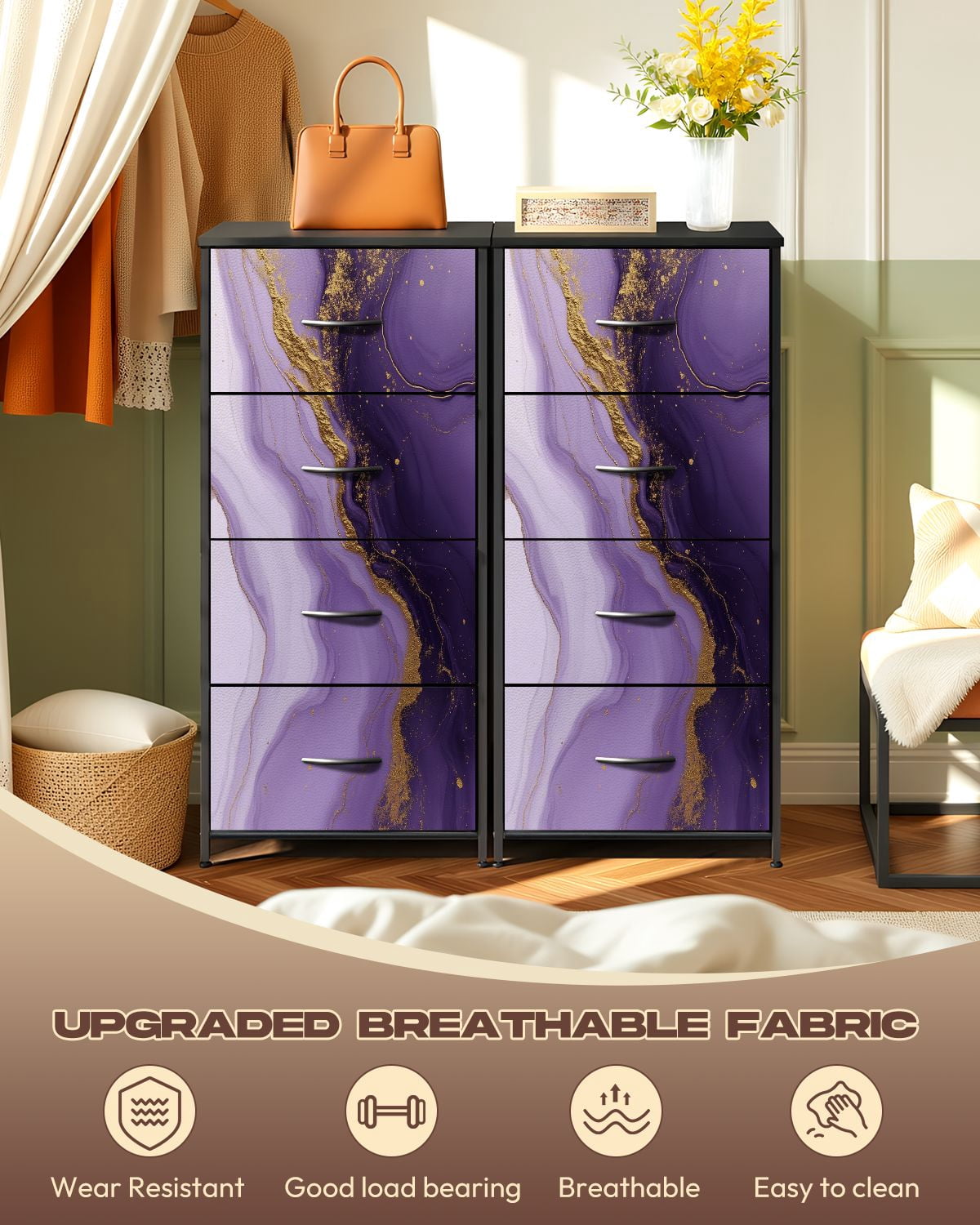 Kanworse 4 Drawer Fabric Dresser for Bedroom Purple marble gold stripes alcohol ink Chests of Drawers for Closet Organizers Storage