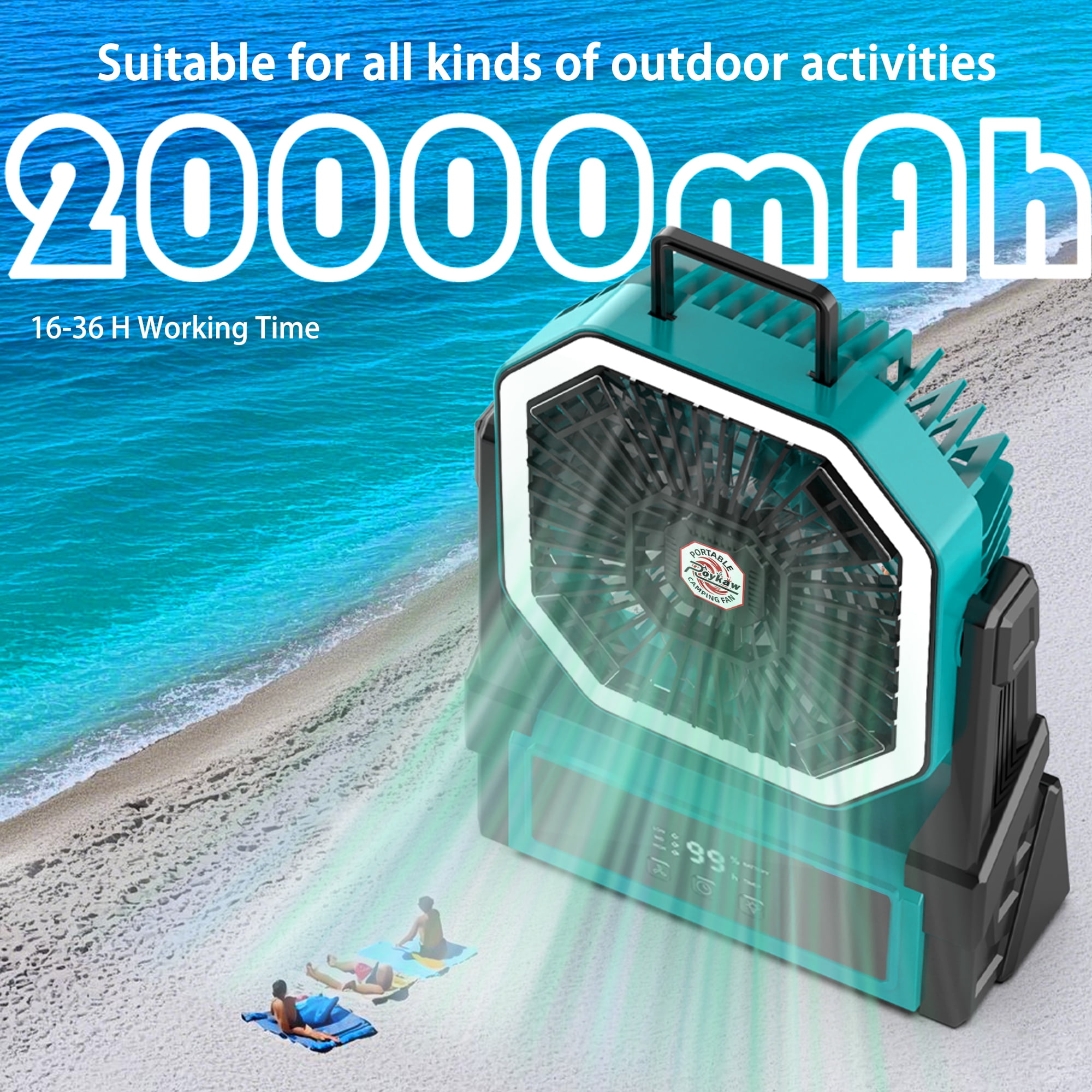 Roykaw Portable Fan Rechargeable 20000 mAH Battery Powered, Cordless Camping Fan, Ultra-bright LED Lights & Display, 36+ Hrs Work, w/Hang Hook, Handle for Travel, Fishing, Golfing, Indoor, Hurricane