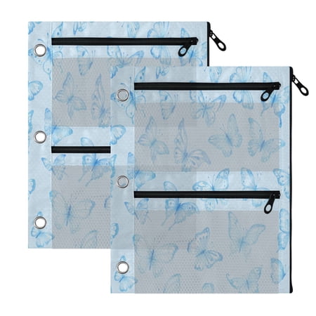 2 Pack 3-Ring Binder Pencil Pouch with Clear PVC Windows Light Blue Delicate Butterfly Large Capacity Stationery Bag for Classroom Office Supplies