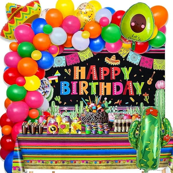 97pcs Mexican Party Decorations Fiesta Birthday Supplies for Boys Girls Adult - Balloon Arch Kit Serape Tablecloth Happy Birthday Backdrop Taco Balloons Decor Cinco De Mayo Party Decorations