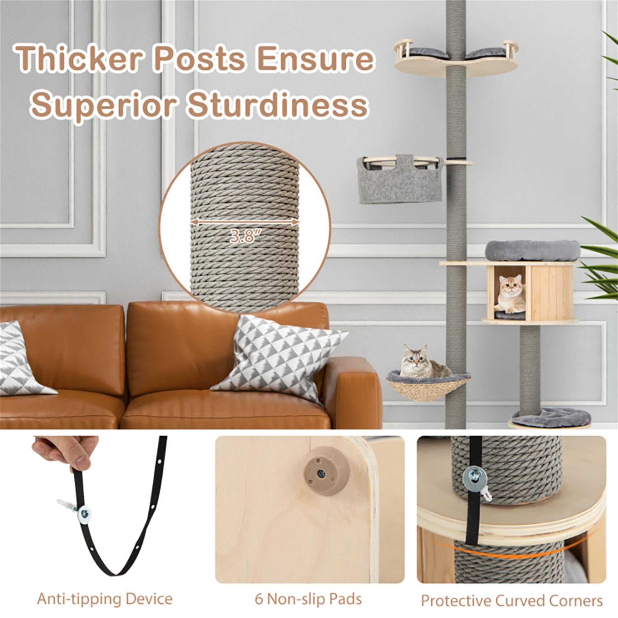 resenkos Floor to Ceiling Cat Tree Ajustable Height 100"-110", 6 Tiers Tower with Cat Condo Hammock and Sisal Covered Post for Indoor Cats, Gray