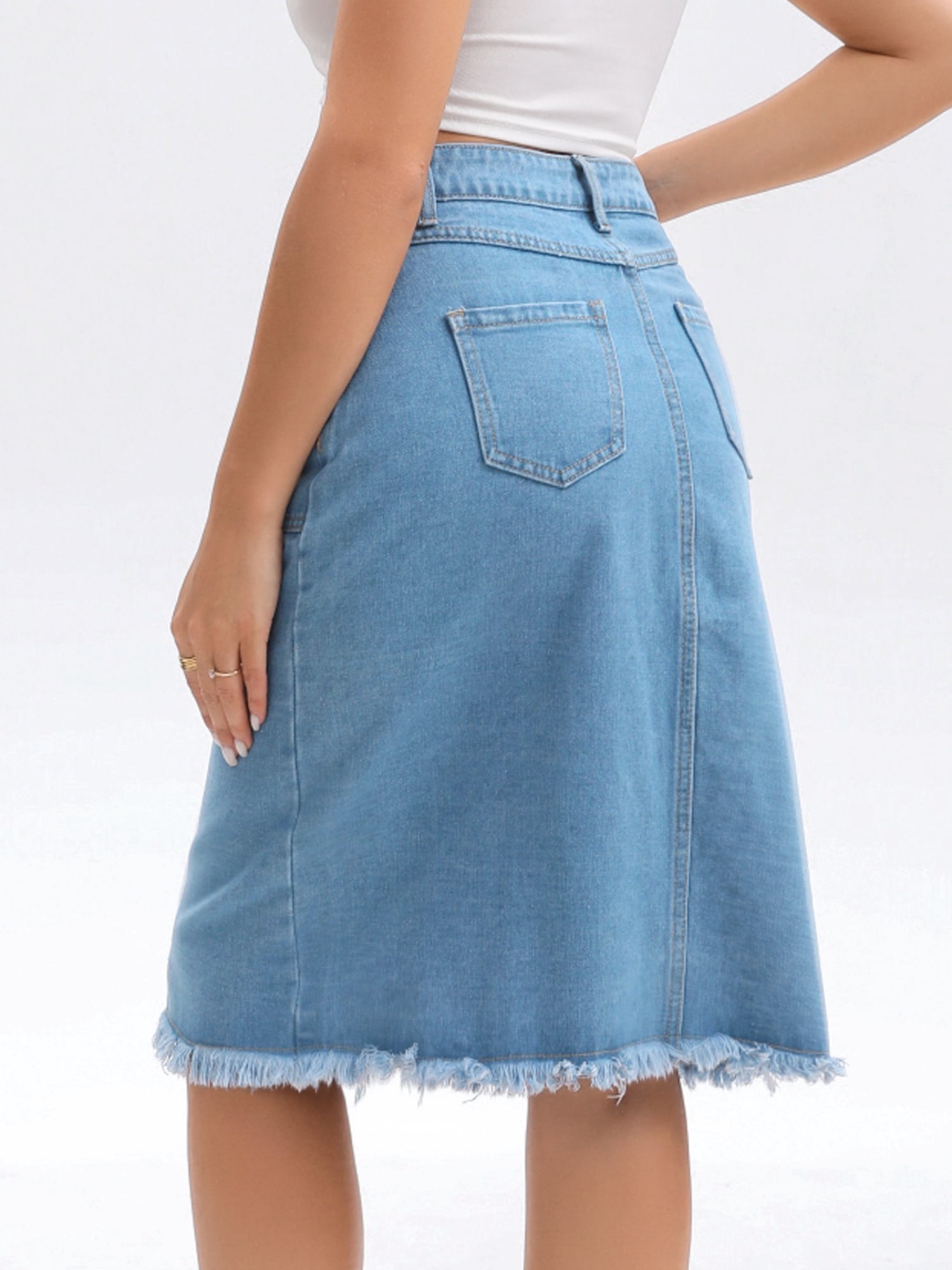 DARING DIVA Women's Denim Raw Hem Button Down Pencil Skirts Medium Light Blue
