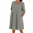 thumbnail image 2 of Linen Dress Women Crew Neck Short Sleeve Tunic Boho Midi Dress Casual Summer Pleated Flowy Beach Vacation Knee Length Dresses with Pockets Jean Dress for Women Gray XXL, 2 of 8