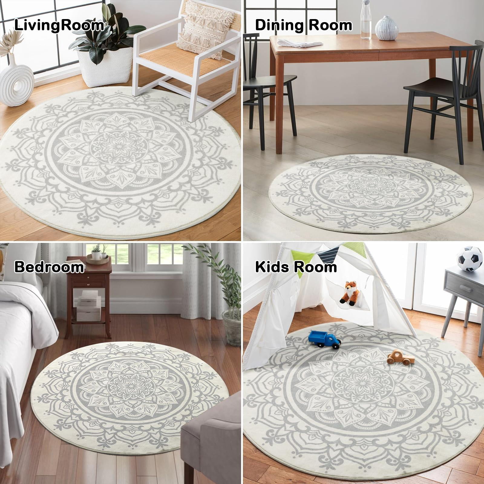 Carvapet Round Area Rug for Living Room, Non Slip Machine Washable Bathroom Rugs, Extra Soft Rugs for Bedroom, Boho Mandala Print Circle Rugs, 3ft Round Grey