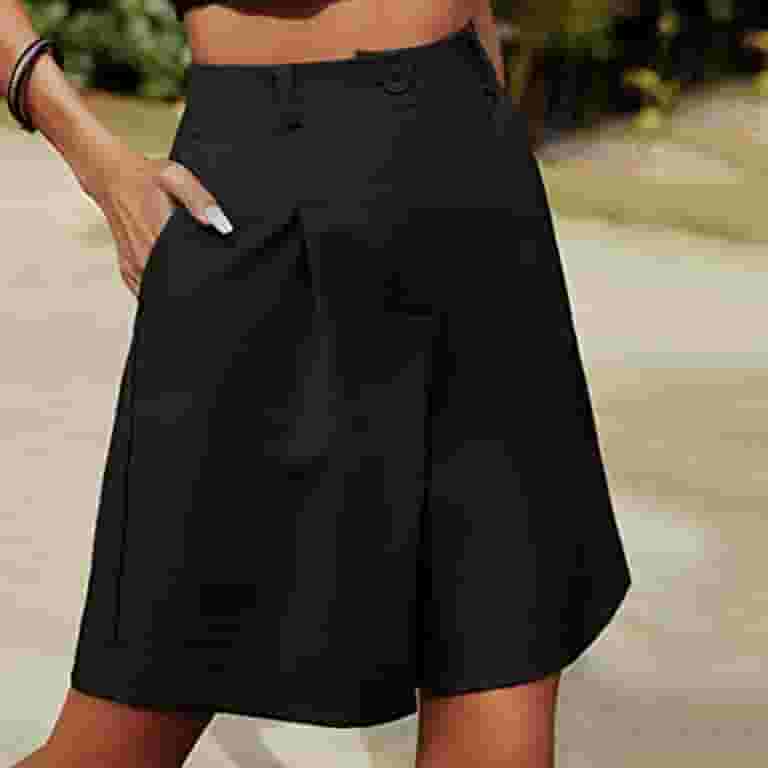 ハーフ・ショートパンツ Wide 6-quarter bermuda shorts black Hfyihgf Womens Bermuda Shorts Casual Button High Waist Wide