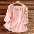 thumbnail image 2 of Uooqdmx Women's Cotton Linen Shirts Bohemian Blouses Elbow Sleeve Boho Peasant Short Sleeve Cotton Linen Embroidered Boho Tops Loose Fit Loose Top Womens Shirts Casual Pink XL, 2 of 3