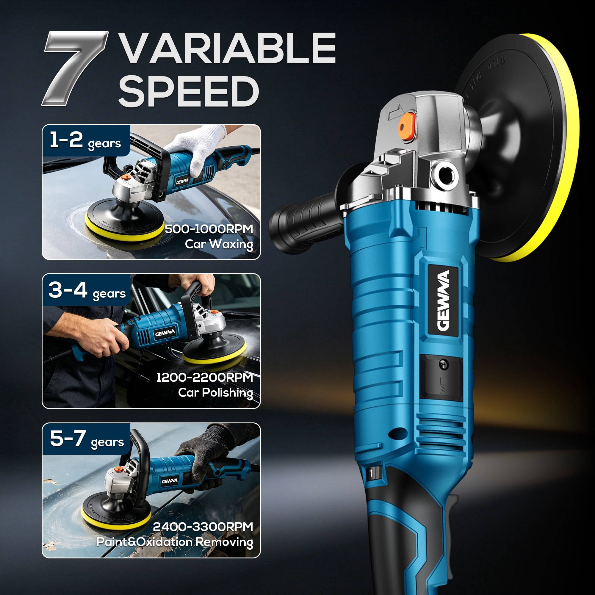 Gewna Car Buffer Polisher, 1600W 7 inch/6 inch Rotary Buffer Polisher with 7 Variable Speed 1000-3500 Rpm