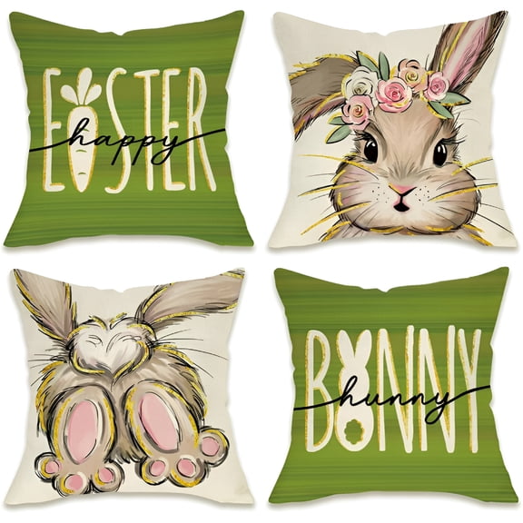AUQ Happy Easter Decorative Throw Pillow Covers 18 x 18 Set of 4, Hunny Bunny Rabbit Green Porch Patio Outdoor Pillowcase, Carrot Flowers Sofa Couch Cushion Case Home Decor