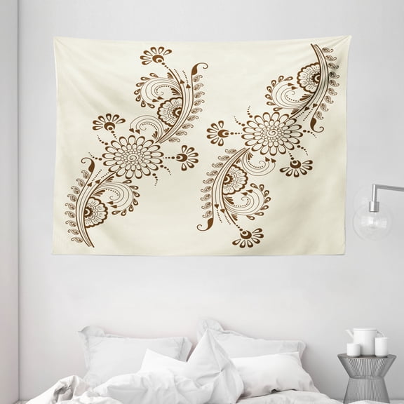 Henna Tapestry, Abstract Floral Elements South Asian Mehndi Style Oriental Design Soft Color Scheme, Wall Hanging for Bedroom Living Room Dorm Decor, 80W X 60L Inches, Cream Brown, by Ambesonne