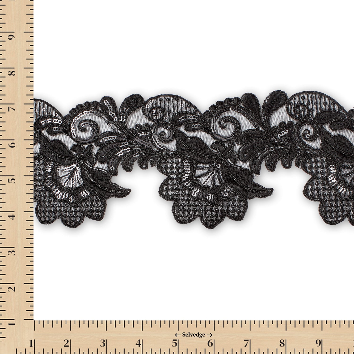 Embroidered Lace Trim 4" Leaf Floral Corded Sequin Embroidery On Sheer Polyester Scalloped Mesh - Black (9 Meters, 1 Pack)