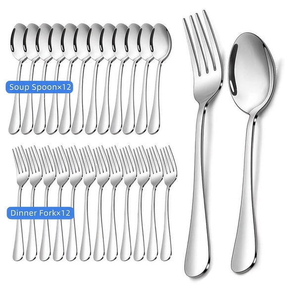 MYVIT 24 Pcs Spoons and Forks Set, Stainless Steel Kitchen Silverware Set,Mirror Finish Lunch Party Wedding Serving Utensils Metal Cutlery Dishwasher Safe Flatware Set