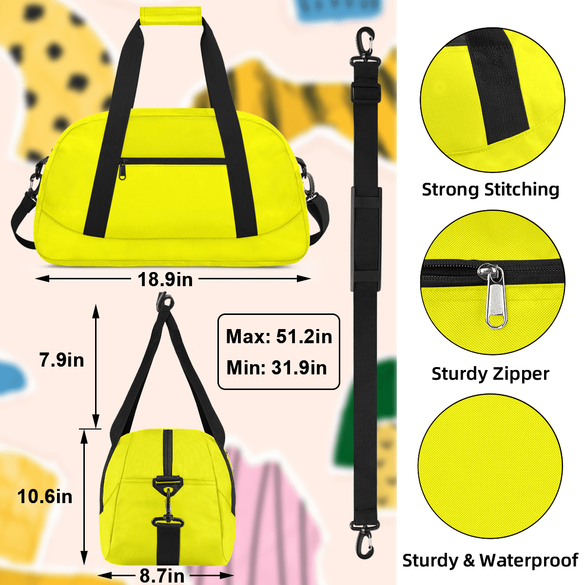 Herdesigns Light Yellow Sports Duffle Bag for Women & Men, Gym Bag Dance Bag Overnight Bag Carry On Weekender Travel Bag