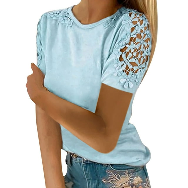 Top de manga corta de encaje y croché para mujer - Blusa informal de cuello redondo, poliéster, diseño con hombros al aire, corte holgado, ropa de primavera/verano, tallas S-XXL, contorno de pecho
