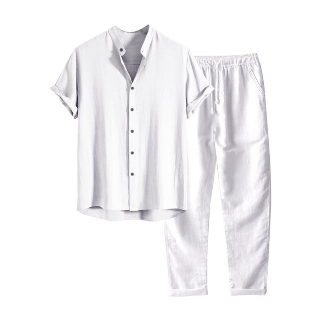 Kcodviy Mens Casual Spring Solid Men Suit Regular Color Short Sleeve Turndown Graduation Suits Top Long Pant Suit