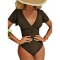 thumbnail image 1 of BEAUTYIN One Piece Swimsuits for Women Trumpet Sleeve V Neck Ruched Monokini Bathing Suits, 1 of 5