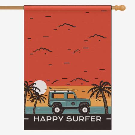 SUNENAT Happy Surfer Quote Vintage Travel Surf Car on Beach and Sea Landscape House Flag Decorative for Garden and Home Decorations  House Banner 28 x 40 Inches (Without Flagpole)