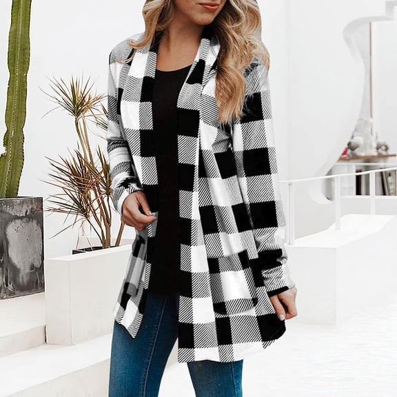 Delayuji Womens Long Sleeve Cardigan Coat Plaid Cardigan Spring Fashion Checkered Coat Womens Coat M-5XL