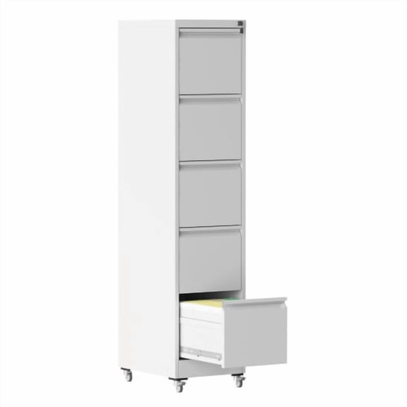 Dtwnek 5 Drawer Metal Vertical File Cabinet with Lock and Wheels, Storage Cabinet for A4/Letter Size Files, White,