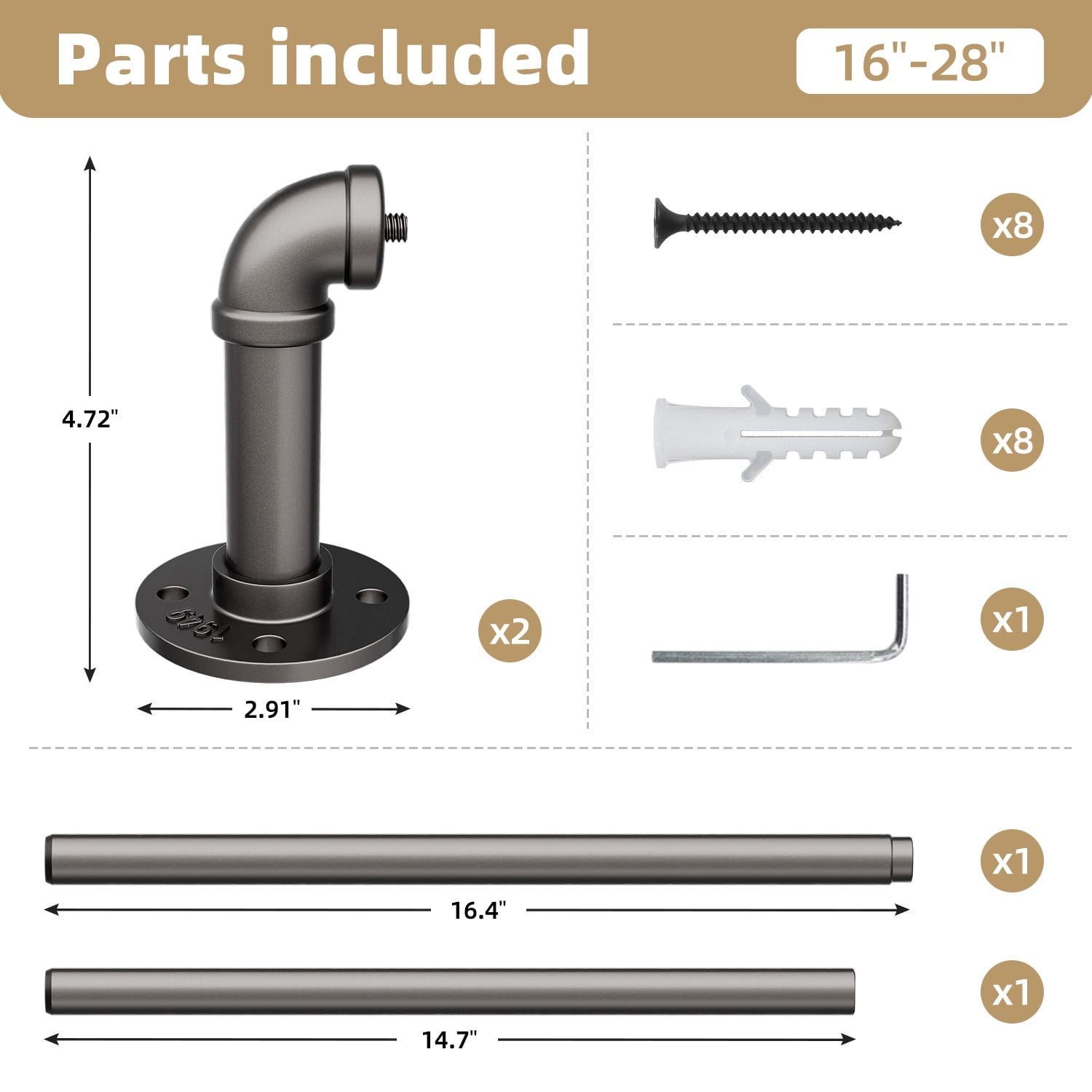 16" to 28"Curtain Rods for Windows,1 inch Industrial Curtain Rod, Adjustable Wrap Around Curtain Rods,Industrial Indoor/Outdoor Curtain Rod,Gunmetal Gray